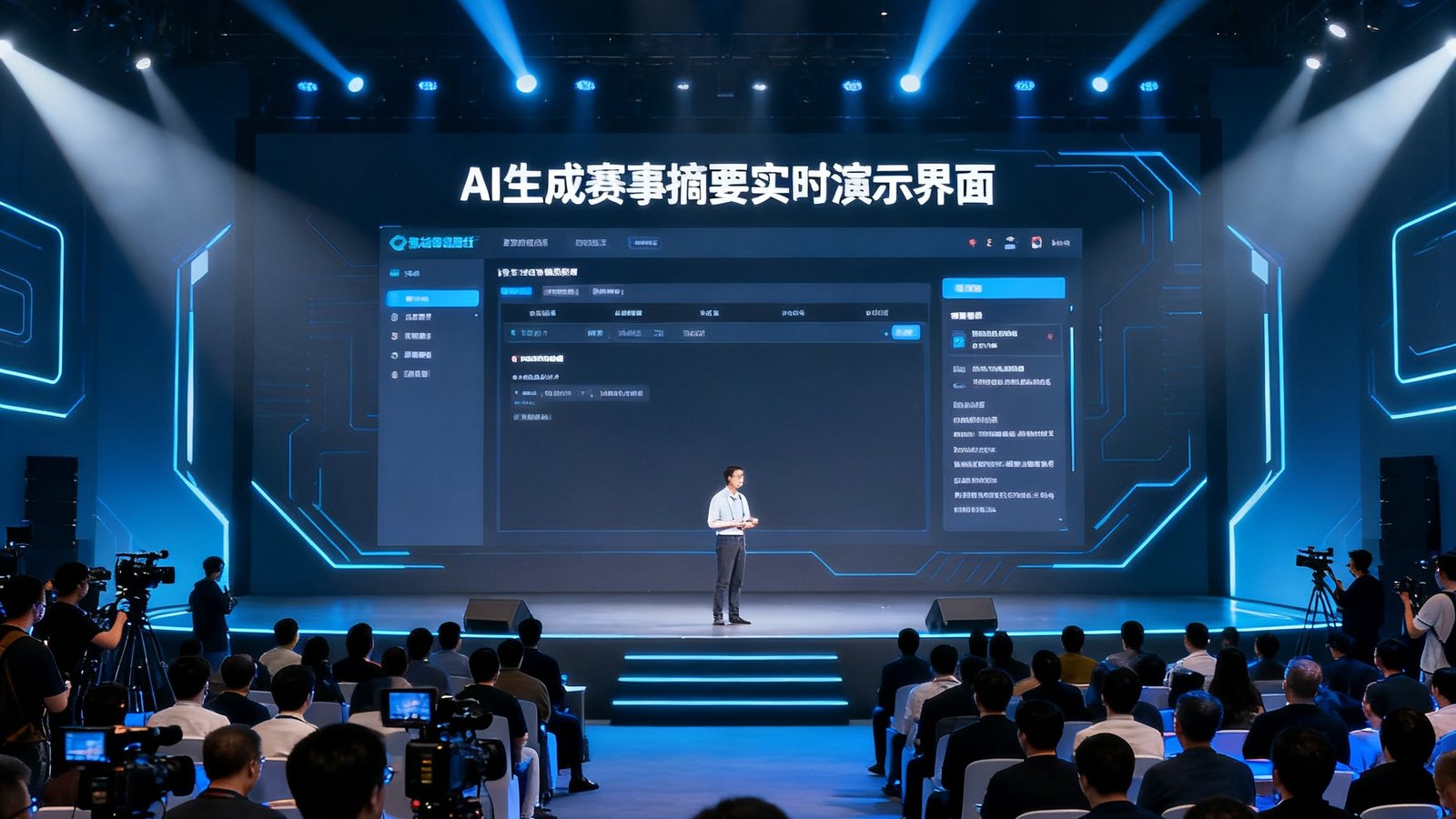 威廉希尔AI辅助写作系统发布会现场，舞台上巨大的屏幕展示着AI生成赛事摘要的实时演示界面，台下坐满了媒体记者和行业嘉宾