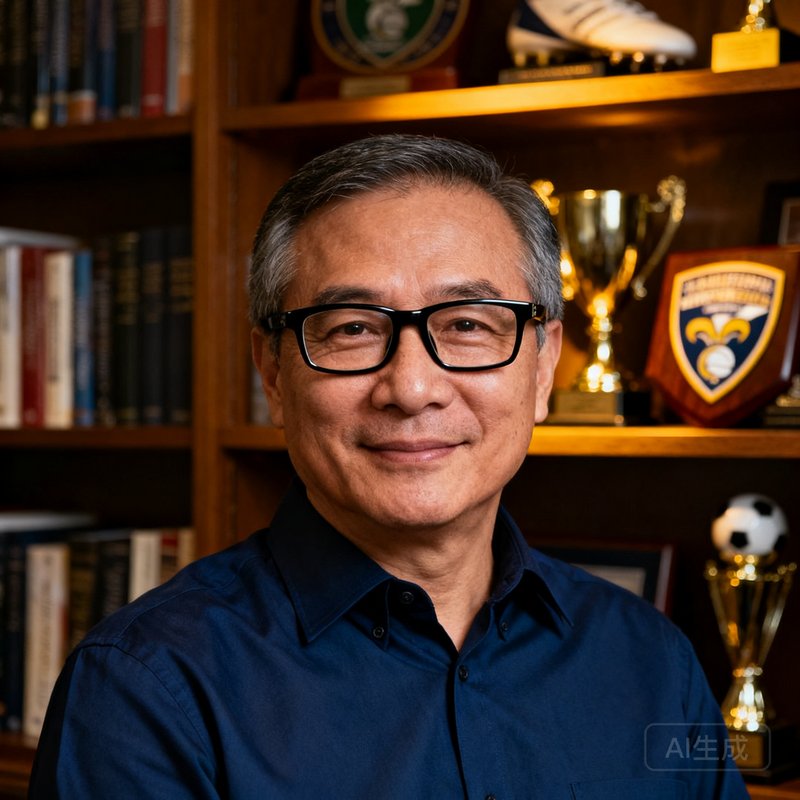 威廉希尔创始人兼CEO陈志远，一位五十岁左右的男士，戴着黑框眼镜，身着深蓝色衬衫，背景是书架和体育纪念品
