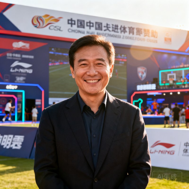 威廉希尔市场总监张明远，一位四十岁左右的男士，面带微笑站在大型体育赛事赞助活动现场，身后是品牌展板和互动体验区